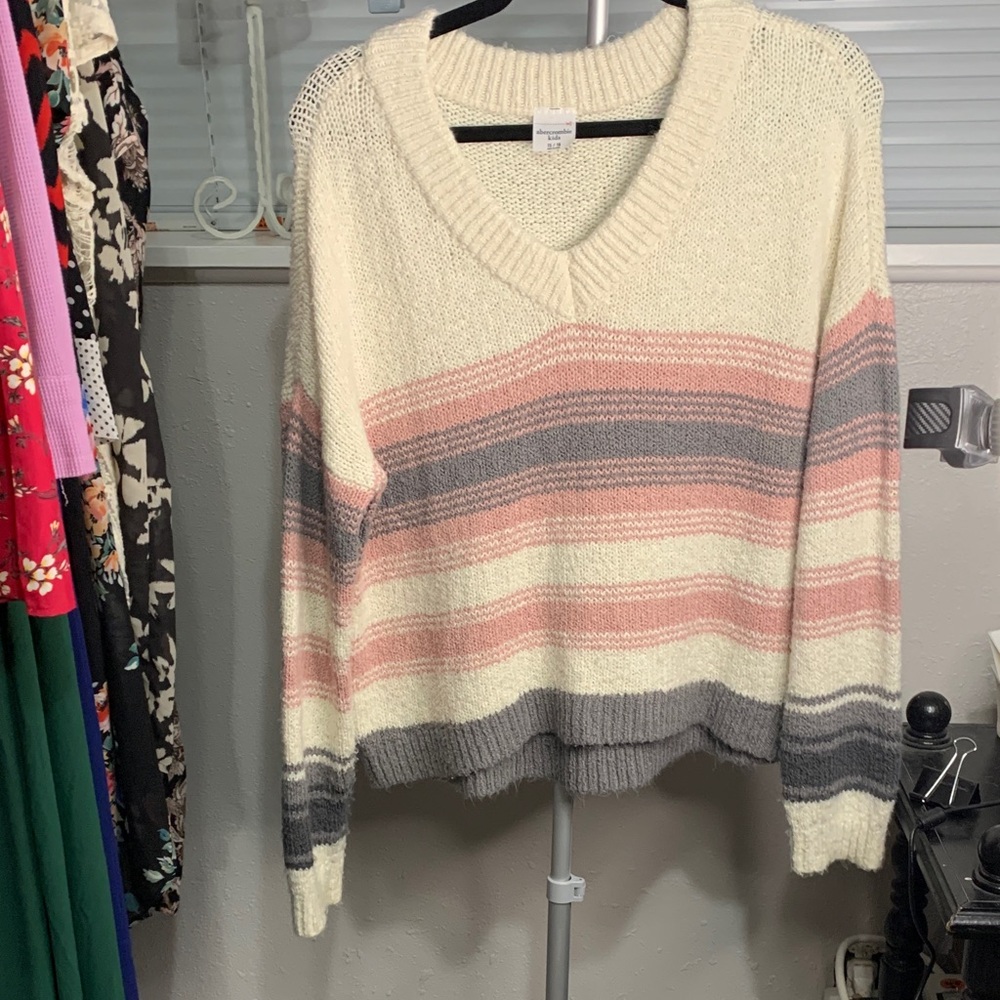 Abercrombie Kids Striped V-Neck Sweater in Cream, Pink, and Gray